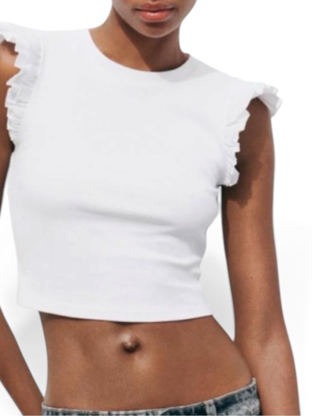 Zara Ribbed Ruffle-Sleeve Crop Top White Size L